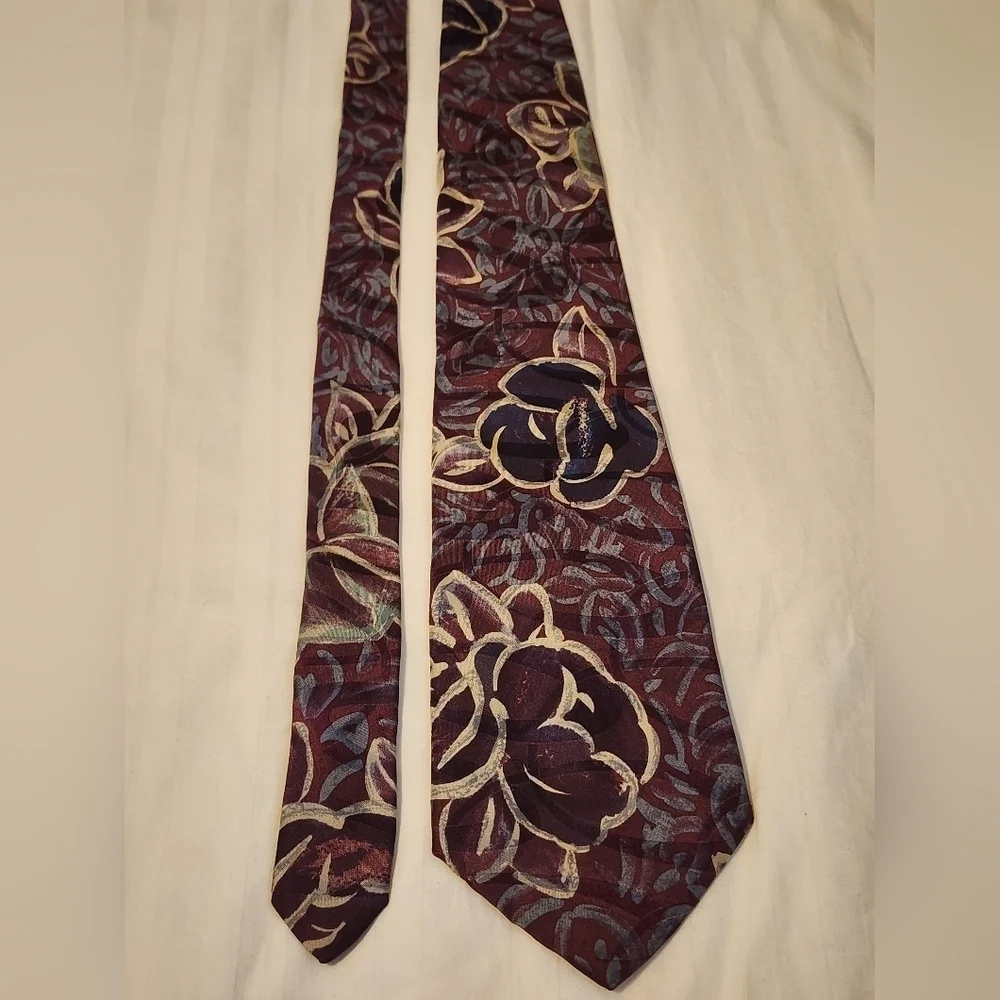 Vintage Floral Silk Tie Burgundy Gold Wide Retro Pattern Necktie OS
